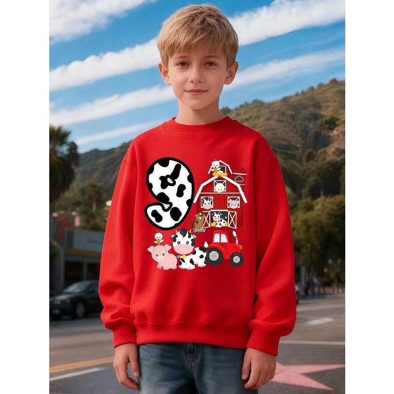 Taglie Europee Felpa Girocollo per Bambini con Stampa Carina di Animali della Fattoria e Trattore, Top Grafico Casual alla Moda