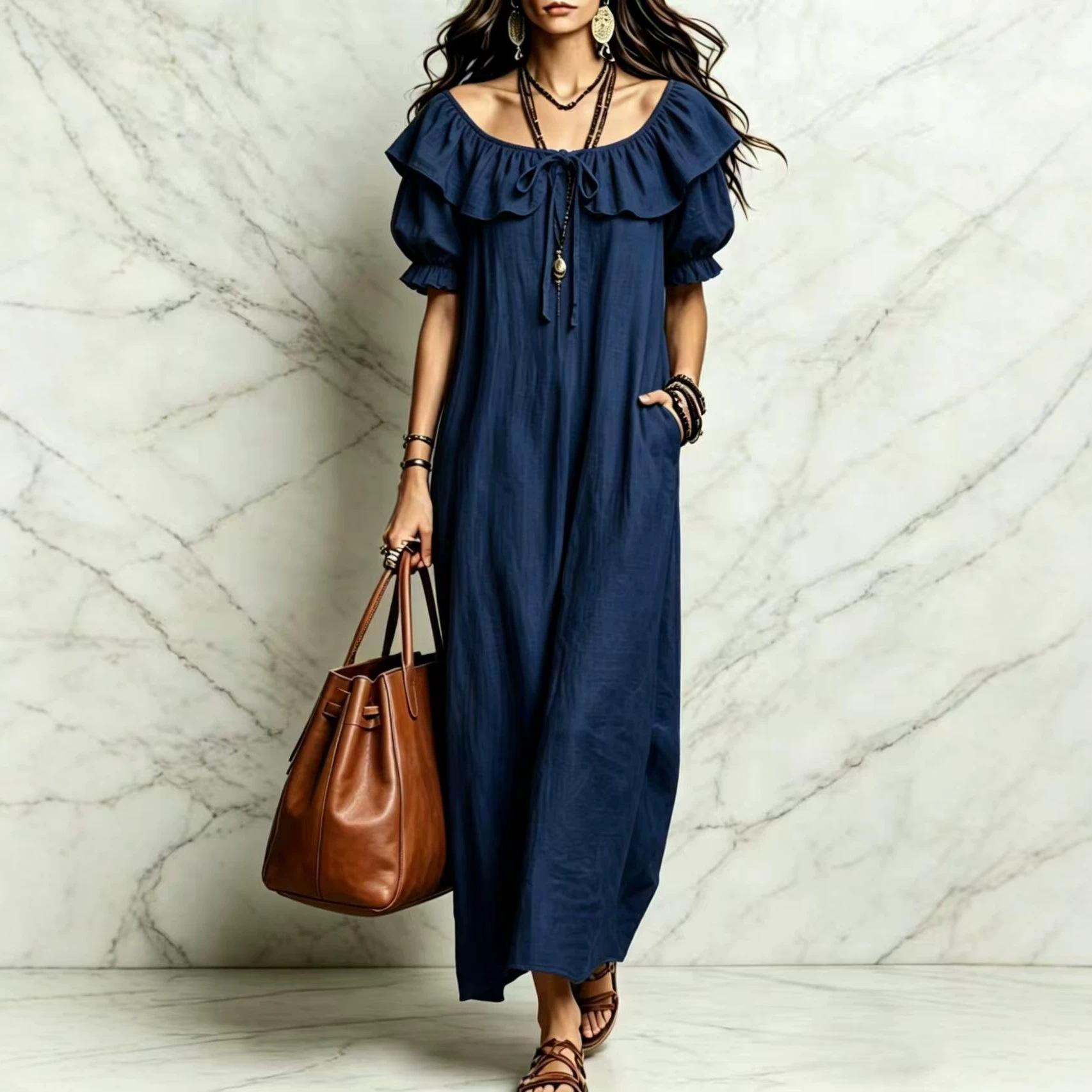 Women Off Shoulder Ruffle Tie Waist Bubble Sleeve Midi Dress S тёмно-синий