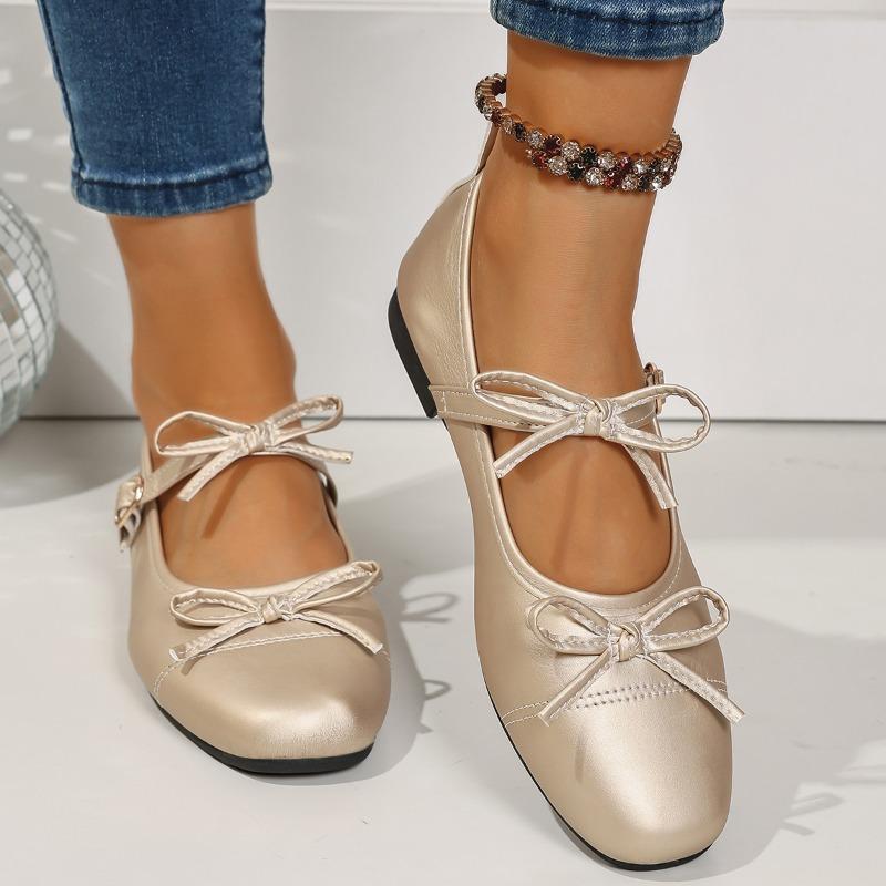 Fashion Fashion Bowknot Decor Flat Heel Mary Jane Shoes for Women Gold Silver Buckle Strap Lolita Shoes Woman Lightweight Comfort Flats