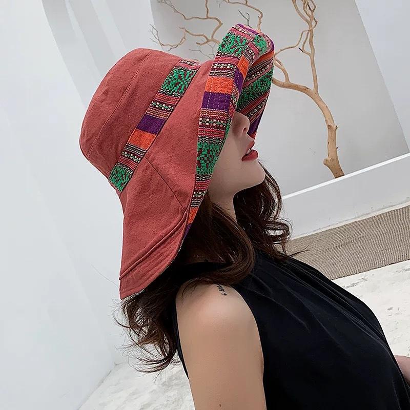 Ethnic style double-sided bucket hat women's big edge Internet celebrity versatile summer hat women's sun protection hat sun hat spring and autumn