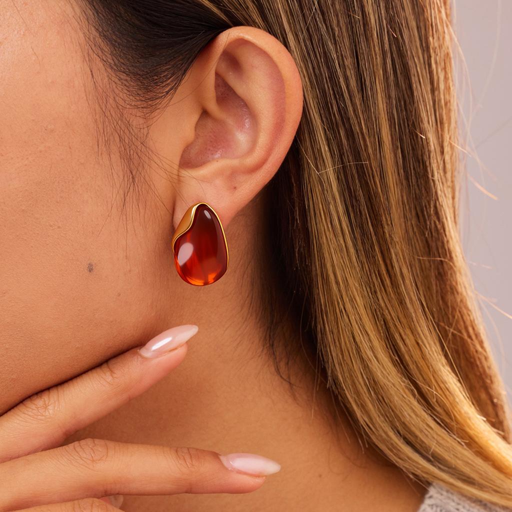 Color Retro Amber Resin K Gold Earrings French Light Luxury ins Premium Maillard Stud Earrings Women