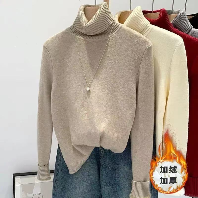 Winter High Collar Solid Color Velvet Warm Bottomed Sweater Women Simple All-match Knitting Pullover Top