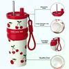 710ML Stainless Steel Cup Bow Cherry Flower Print Insulation Or Cooling High-capacity Cup With Lifting Rope Insulated Cup