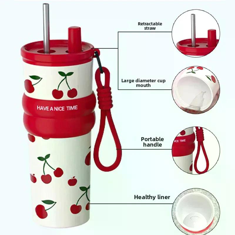 710ML Stainless Steel Cup Bow Cherry Flower Print Insulation Or Cooling High-capacity Cup With Lifting Rope Insulated Cup