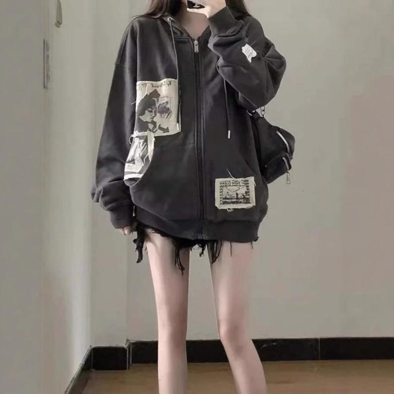 Womens Oversized Hooded Zip-Up Sweatshirt With Embroidered Patch Streetwear Loose Fit Long Sleeve Fall Winter