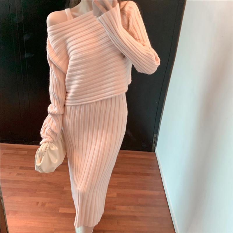 Pullover Sweater Knitted Sling Dress Set