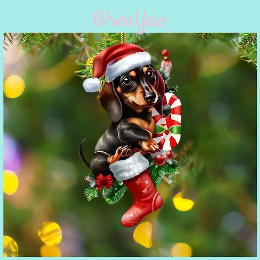 Acrylic Christmas Dachshund Car Pendant With Cute Cartoon Style For Auto Interior Decor