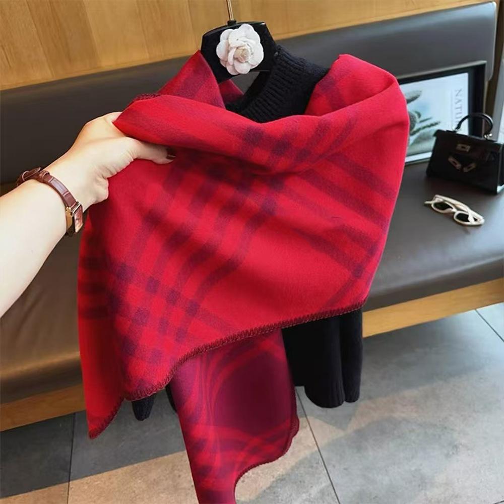 Quanzhixian plaid scarf women's winter high-end double-sided two-color personalized imitation cashmere shawl war horse scarf