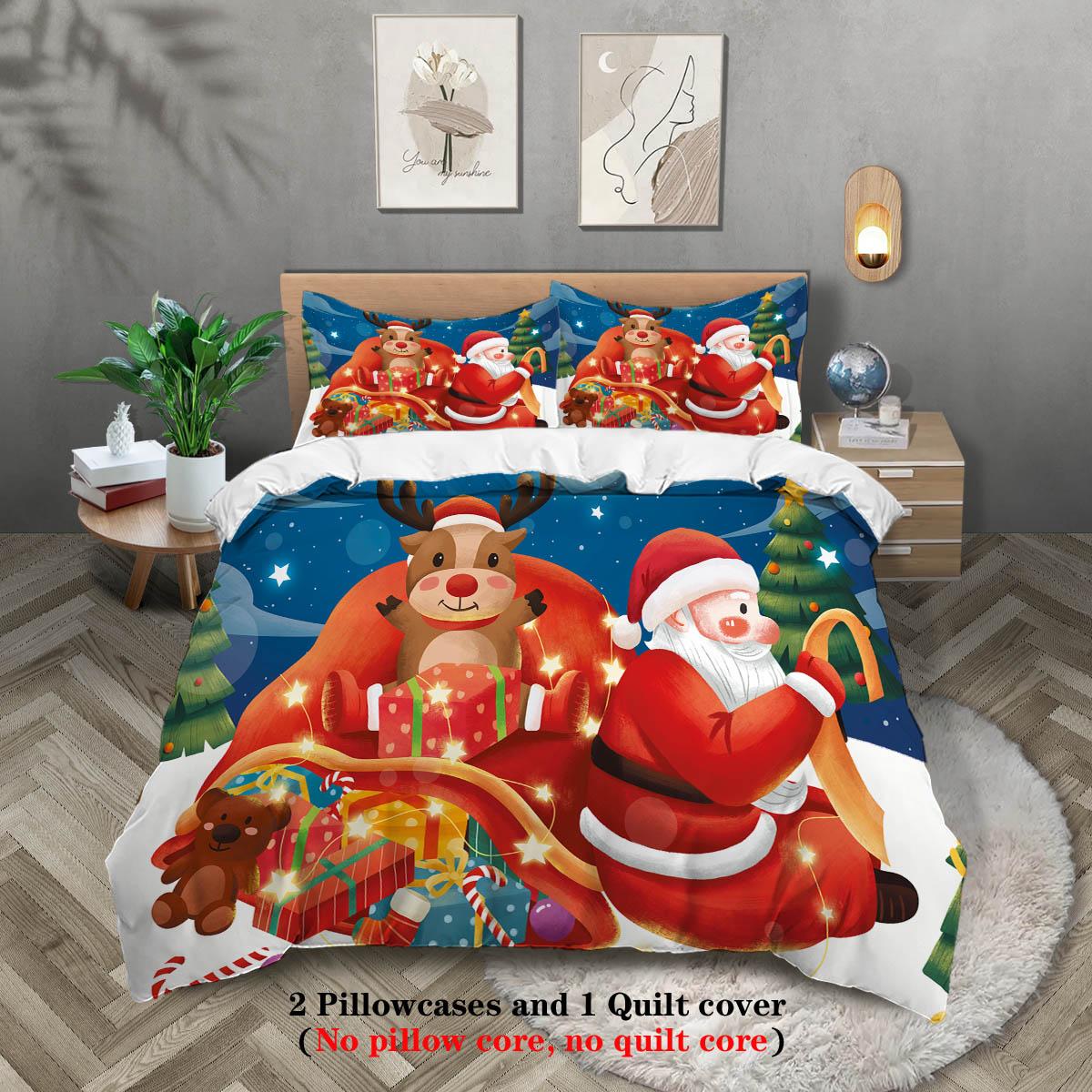 

3 шт. Постельный комплект без сердцевины с красным принтом «Санта Клаус и олени», мягкий и удобный, разные размеры, для общежития, спальни, машинная стирка 135x200cm-EU-Single&set