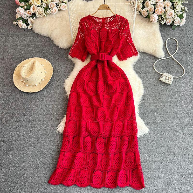

Summer Retro Cut Out Lace Dress Elegant Short Sleeve Red One size