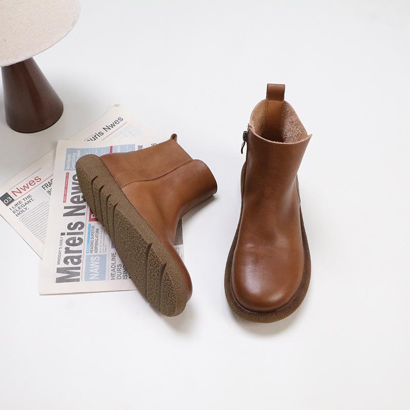 Johnature Genuine Leather Women's Short Boots Retro Side Zipper Round Toe Flat Chelsea Boots