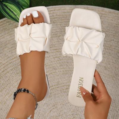 Zapatillas de tacón bajo con puntera descubierta Zapatos de verano para mujer Zapatos plisados de moda Chanclas de una línea