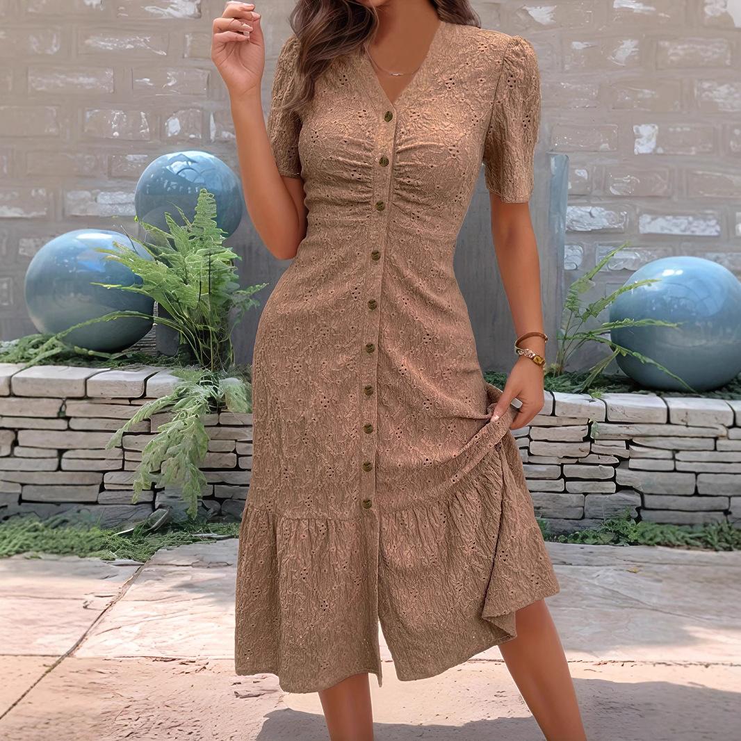 Women s Dress Short-sleeved V-neck Ruffled Dress S хаки