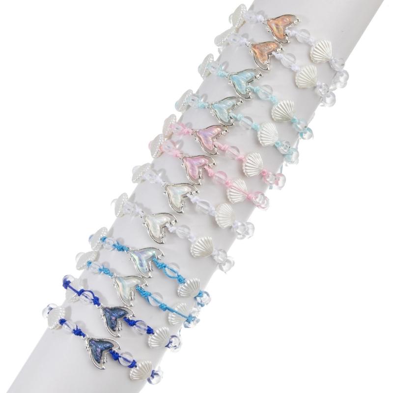 12 Piece Colorful Shell Bead Bracelets Set With Fish Tail Charm Resin Handmade Jewelry Bangles For Daily Wear