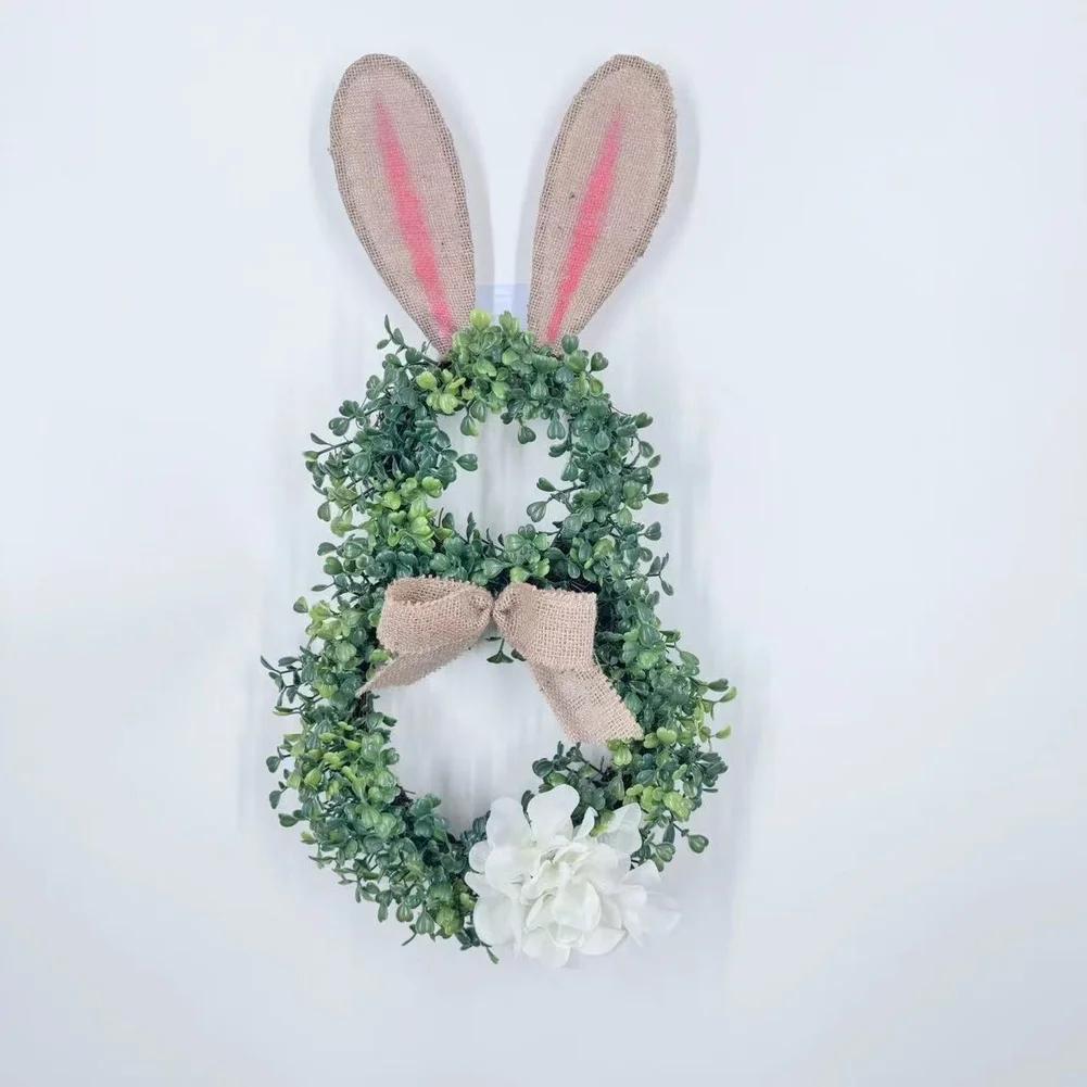 Seasonal Easter Bunny Wreath Spring Home Decor Artificial Greenery Hanging For Front Door 45cm TPE Plastic Ribbon