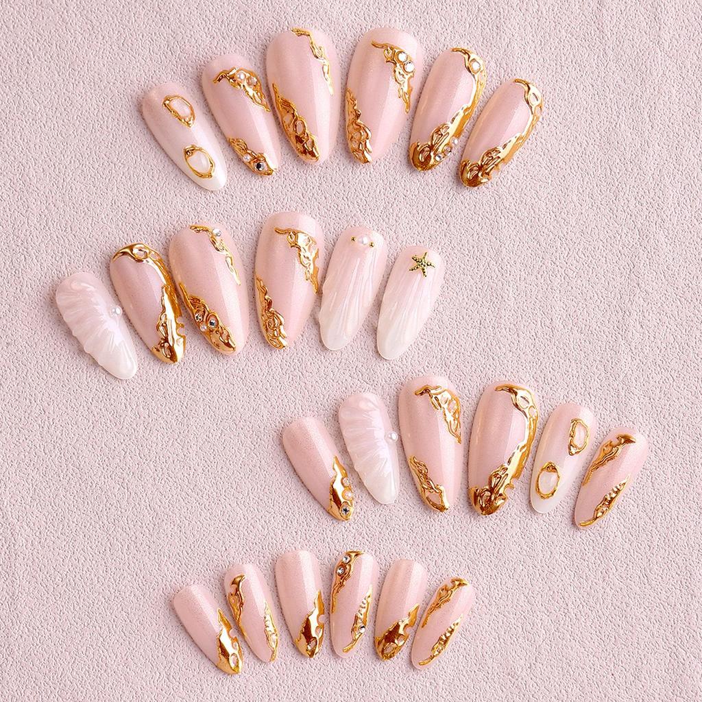 European Soft Pink Almond 3D Starfish Gold Foil Shell Textured Wearable False Nails with Nail Art Stickers