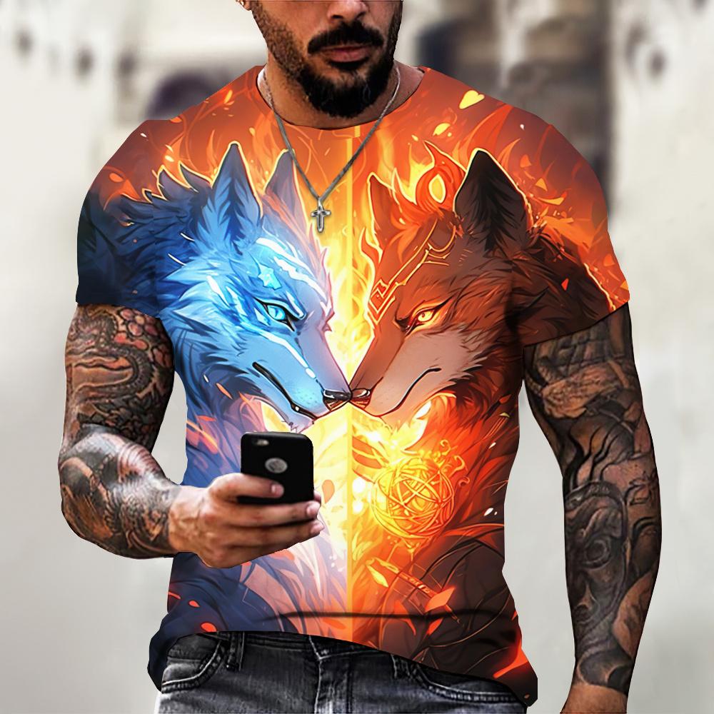 Męski T-shirt ze zwierzęcym nadrukiem 3D wilka, odzież męska w stylu ulicznym Harajuku, topy z krótkim rękawem, codzienne swetry
