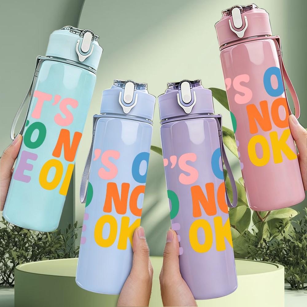 1PC Its Ok To Not Be Ok Rainbow 750ml Color Plastic Sports Water Bottle Leakproof Flip Straw Lid Suitable for Sports Office Home Use
