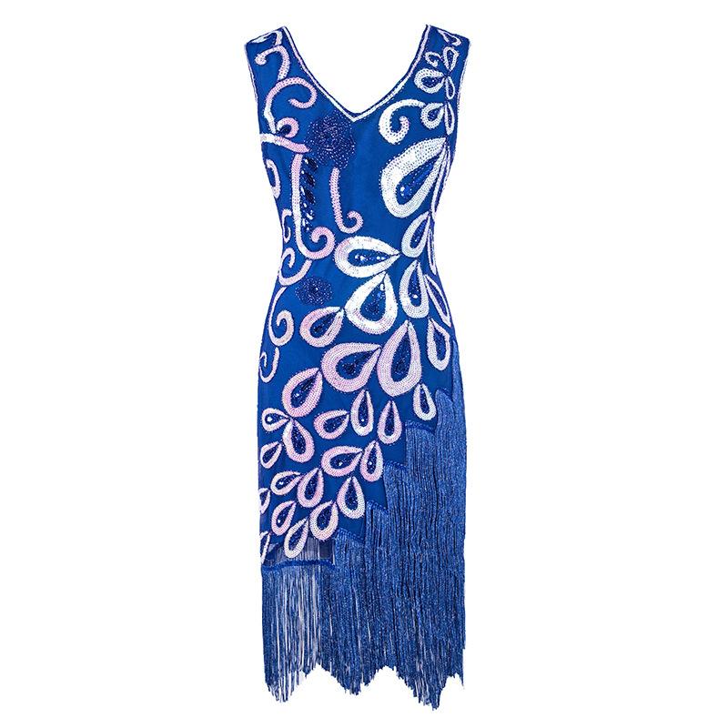 

Новое европейское и американское платье большого размера с бисером в стиле тяжелой промышленности, ретро платье с пайетками и бахромой в виде хвоста феникса XXXL синий