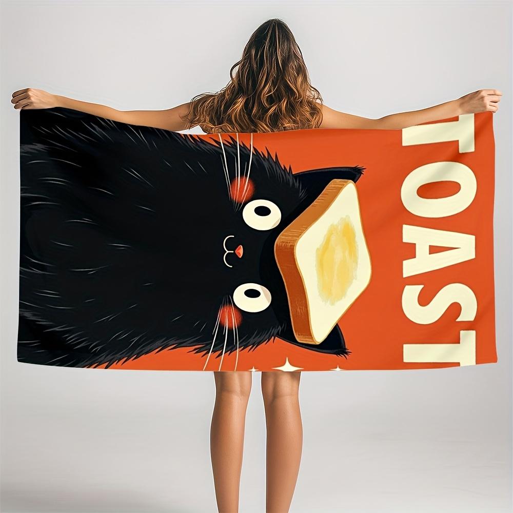 

1pc Sandproof Microfiber Beach Towel - Black Cat & Toast Design, Soft Absorbent Quick-Dry, Vibrant Orange Contemporary Summer W30*H60(CM)