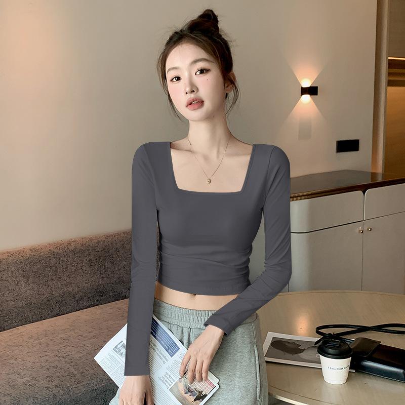 

Женская футболка с квадратным вырезом и длинными рукавами, весенний новый стиль, прилегающая к талии, тонкая базовая хлопковая футболка XXL серый