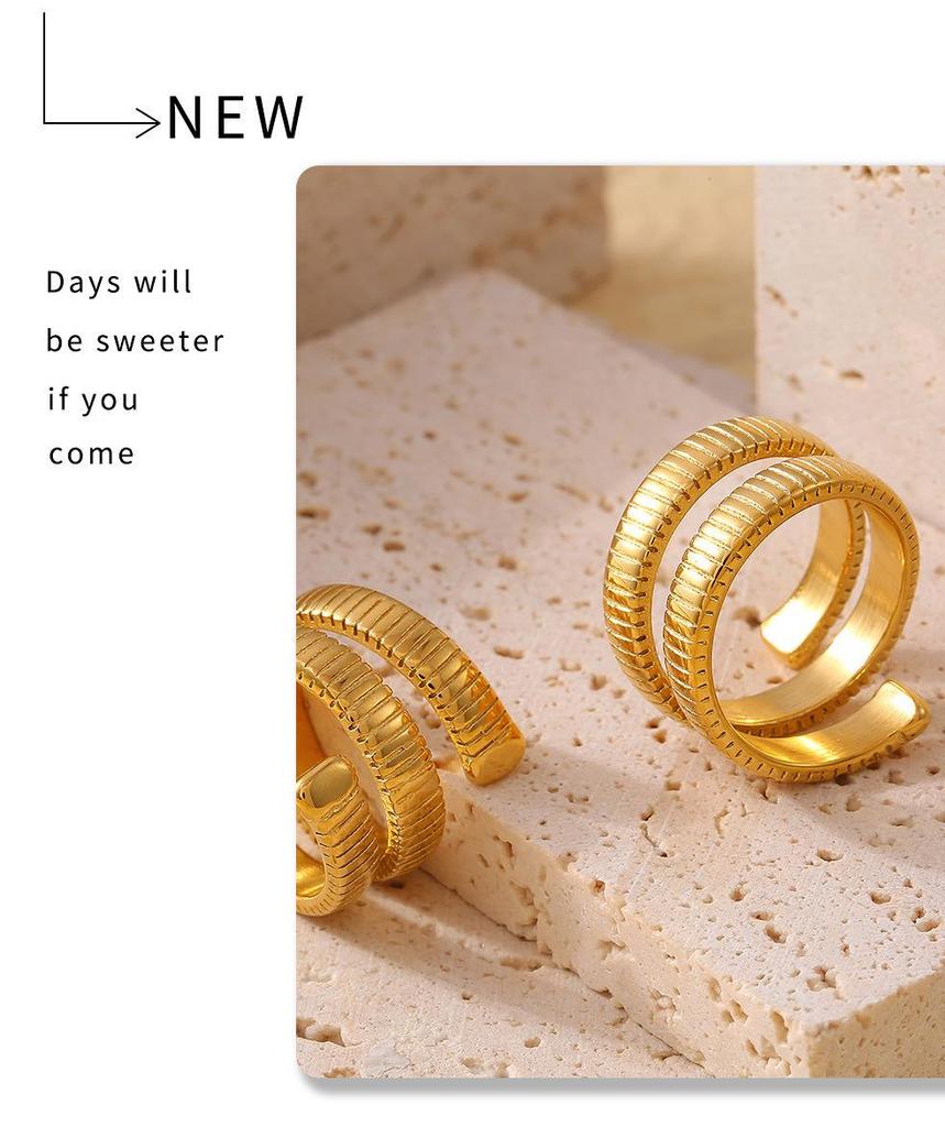 Europäischer & Amerikanischer Geometrischer Fadenring aus Titanstahl mit 18 Karat Vergoldung, Nicht verstellbares Offenes Design