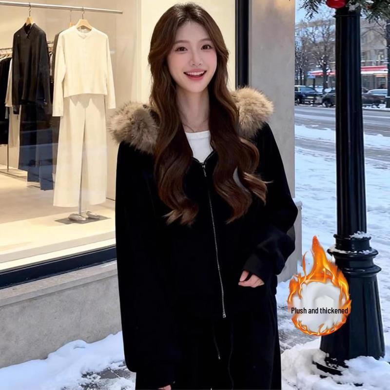 Korean Winter Outfit: Age-Reducing Fur Collar Hoodie & Loose Wide-Leg Pants Set