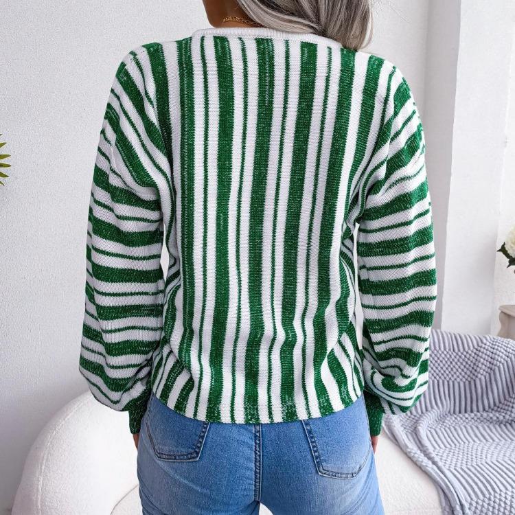Chic Women's Loose Knitted Sweater with Balloon Sleeve and Contrast Stripe Tie, All Match Tops for Fall Winter