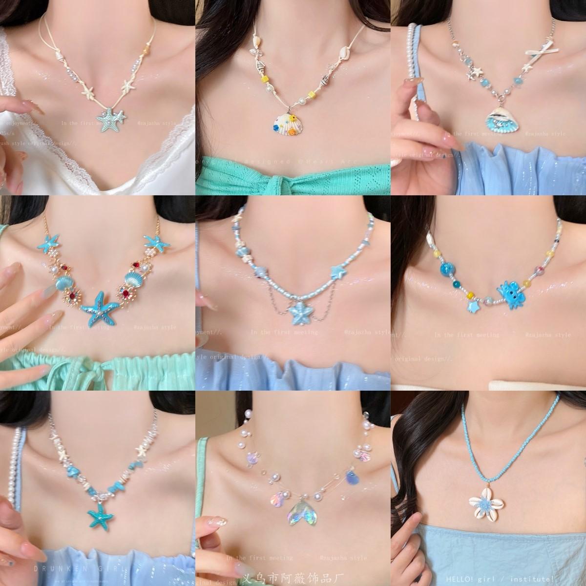 

Rice bead resin starfish pendant necklace simple vacation style versatile collarbone chain fashionable and sweet niche jewelry