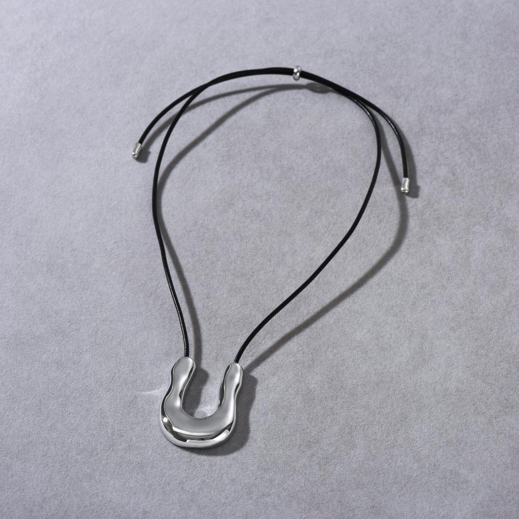 Metal Irregular Drip Glaze Pendant U-Shaped Long Black Leather Rope Sweater Chain Simple Wind Versatile Necklace