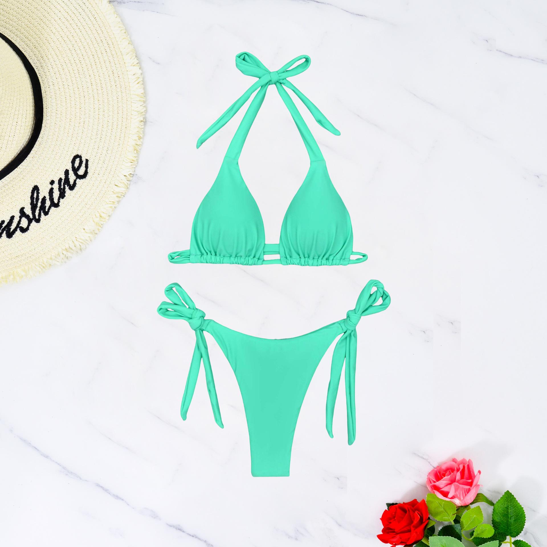

New bikini solid color neck sexy lace-up split swimsuit women XL зелений
