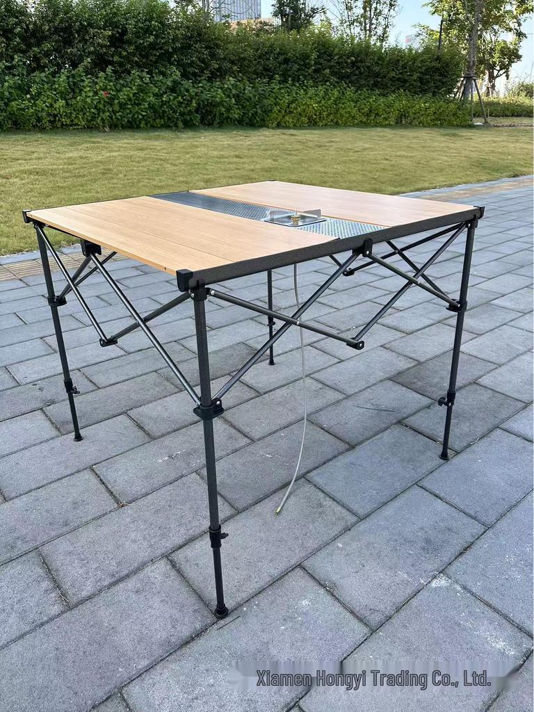 Hongyi Bamboo Pattern Aluminum Folding Table – Outdoor, Adjustable Height for Tea, BBQ, Card Games, Mahjong, Dining.