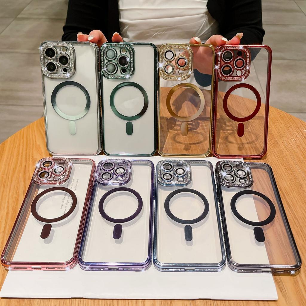 Color diamond mobile phone case Magnetic flash drill mobile phone case Edge drill, suitable for 14PROMAX lens electroplating magnetic mobile phone ca