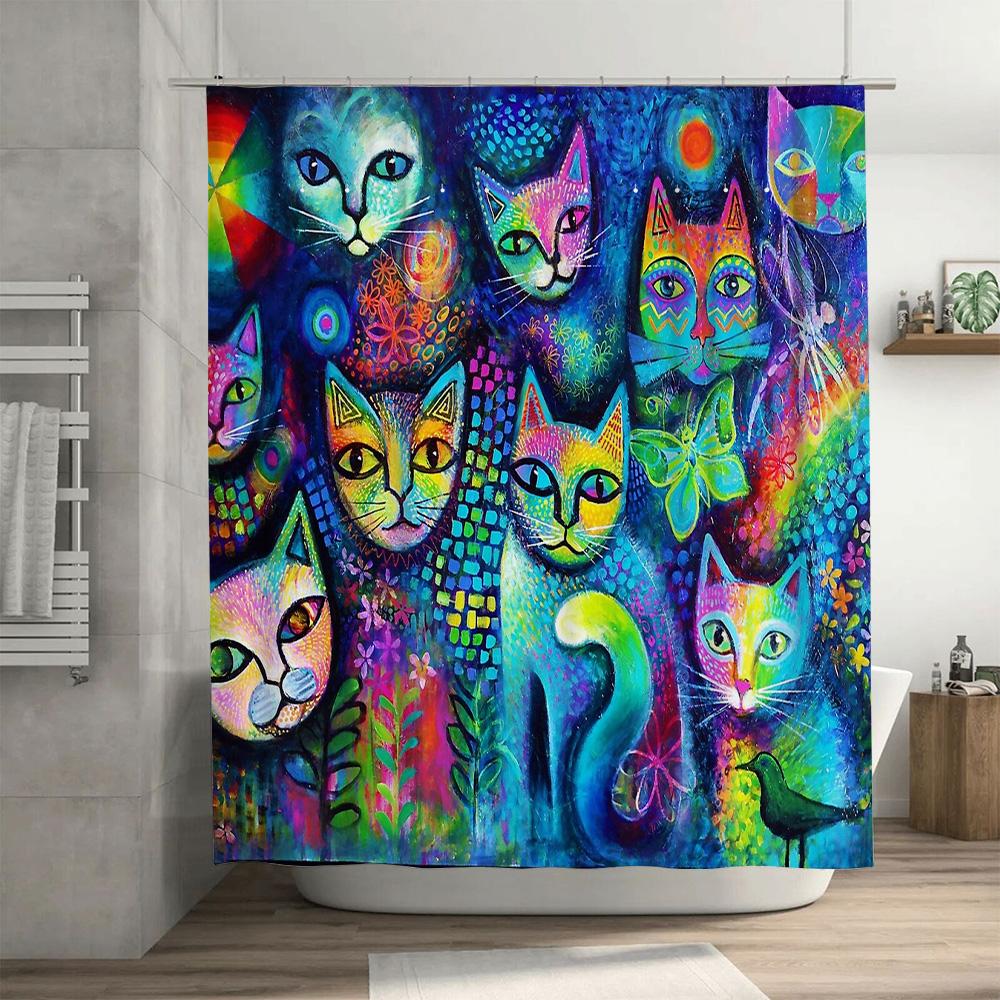 Cat Shower Curtain Artistic Animal Lover Decor Modern Bathroom Set Waterproof Liner Vintage Pattern Home Decoration Gift Idea
