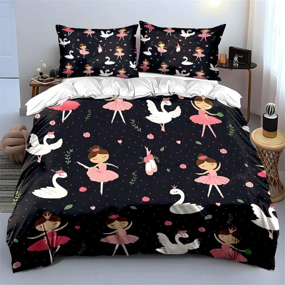 Ballet Swan Princess Pattern Bedding Duvet Cover Set (1*Duvet Cover 2*Pillowcases, without duvet insert)