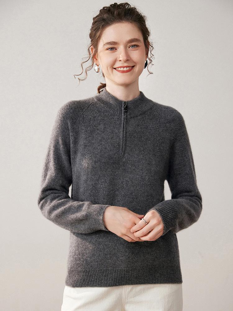 Women's Cashmere Half-Zip Pullover: Versatile Loose-Fit Solid Knit Sweater for Autumn/Winter
