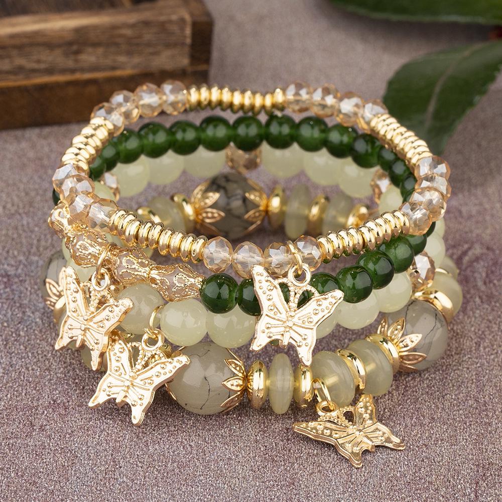 Bohemian Multi-layer Crystal Beaded Butterfly Pendant Stacking Bracelet