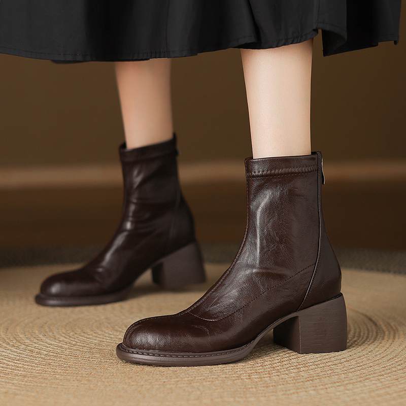 Krazing Po Microfiber Winter Round Toe Size 33 Western Boots Size 43 Zipper Thick High Heels Pleated Decoration Ankle Boots