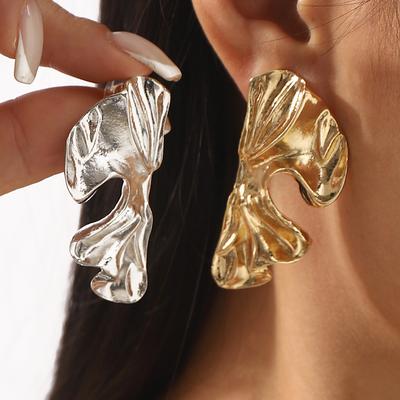 Vintage Gold Color Two Petal Flower Irregular Stud Earrings for Women Simple Metal Floral Earrings Personality Zircon Gift