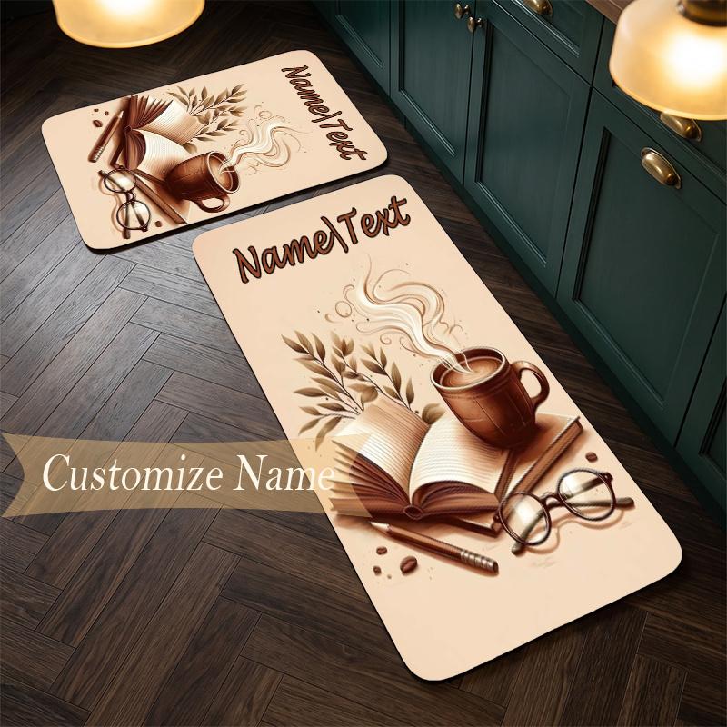 Cozy Coffee (14) Customize Name Flannel Kitchen Mat Soft Non-Slip Kitchen Floor Runner Rug for Home Kitchen Decor