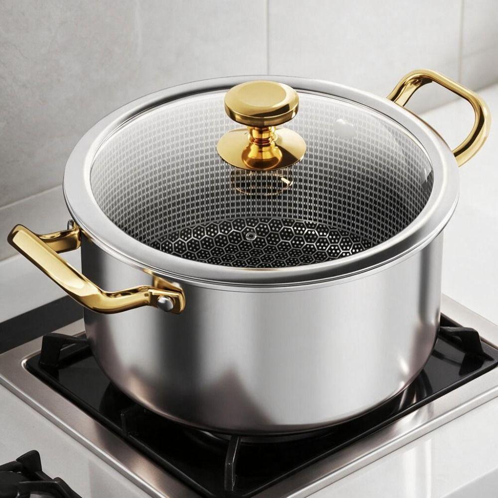 Honeycomb Bottom Non-stick Pot with Glass Lid Slow Cooker Stainless Steel Soup Pot Dormitory