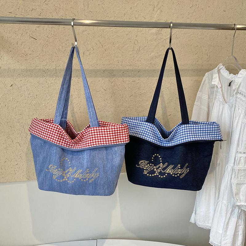 Women's Double-Sided Denim Bag Plaid Shoulder Tote Bag