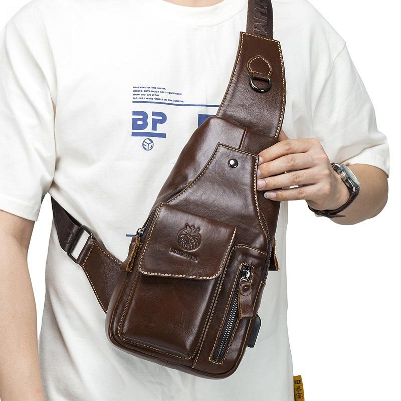 Genuine Leather Chest Bag Men Fashion Style Casual Straddle Bag Business Large Capacity Multifunctional Shoulder Bag