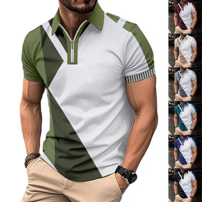Men's Fashion POLO Shirts Summer Color Matching Lapel Slim Short Sleeve T-shirt Golf Zipper Pullover Top Business Casual Shirt