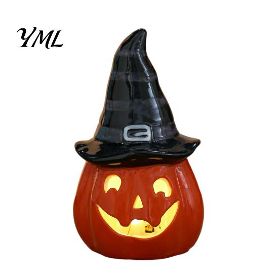 Cute Halloween Room Decoration Ceramic Tealight Holder, Lighted Ghost Pumpkin Figurine with Indoor Party Atmosphere Lamp Witch Hat, Tiered Tray