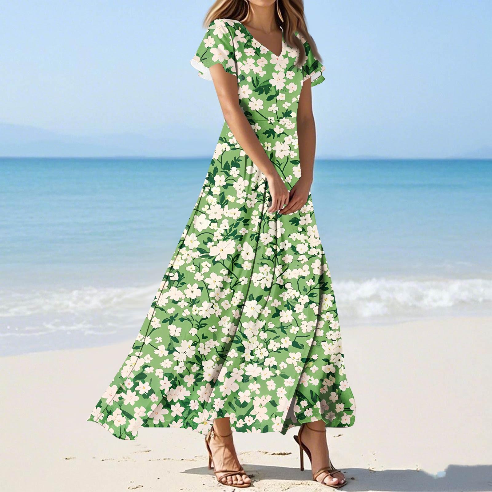 

Женские повседневные модные длинные платья с принтом, платья с V-образным вырезом и коротким рукавом S зелёный