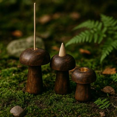 Wooden Mushroom Candle and Incense Holders, 3-Piece