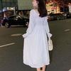 Square Neck White Long Dress Flare Sleeve Waist Wrapped Black Slim A Line Women Versatile Gentle Style Dresses