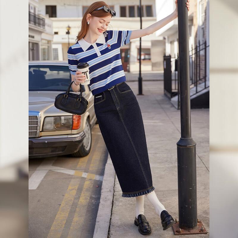 Bailuyu Retro Striped Embroidered Short Sleeve Lapel Knit Top