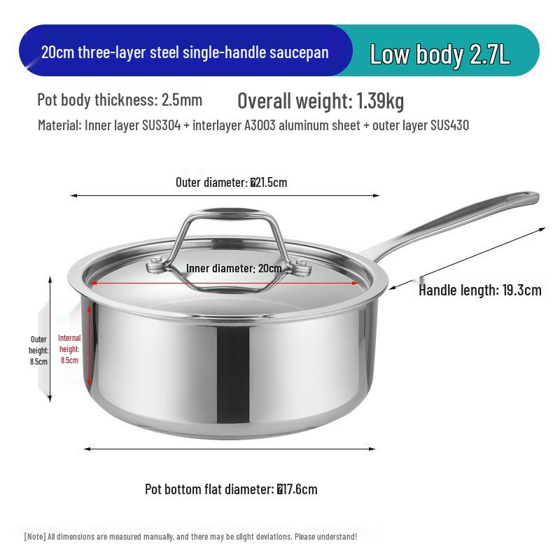 304 Stainless Steel Three-Ply Saucepan with Single Handle for Induction, Ideal for Baby Food, Noodles, and Household Cooking.